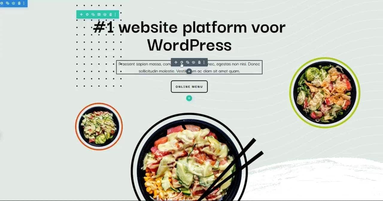 Voorbeeld van onze drag-en-drop-builder, toont de interface met slepen en neerzetten functionaliteit om websites te bouwen